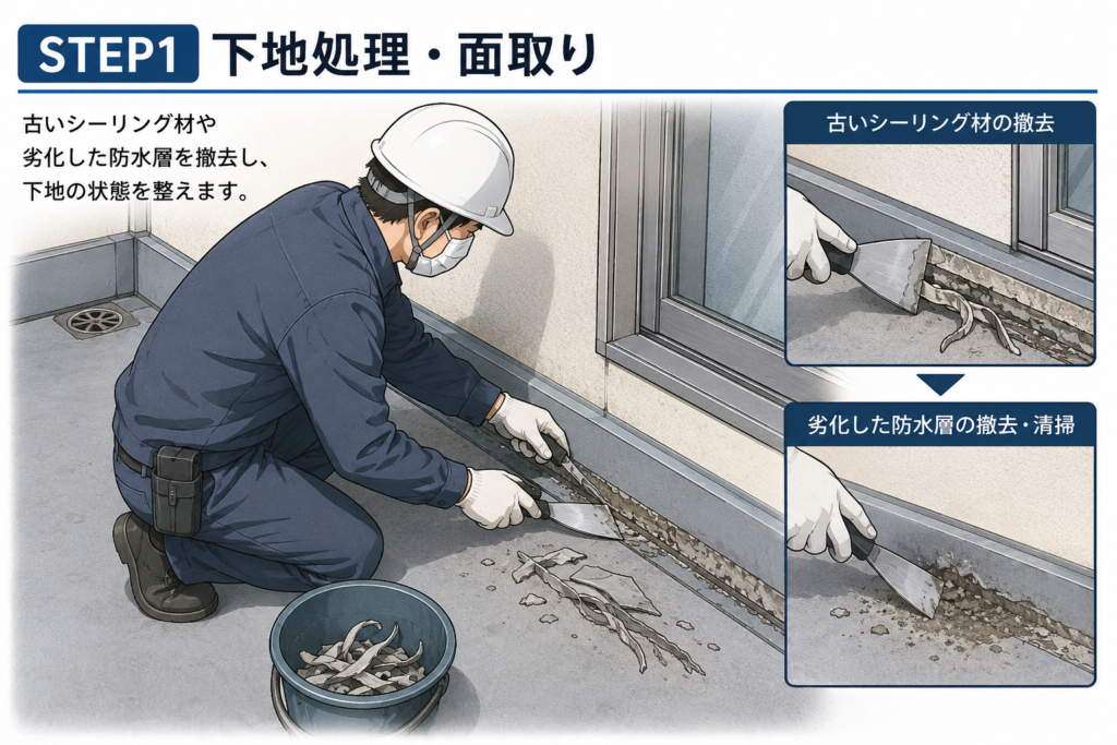 古いシーリング材や劣化した防水層を撤去し、下地の状態を整えいている