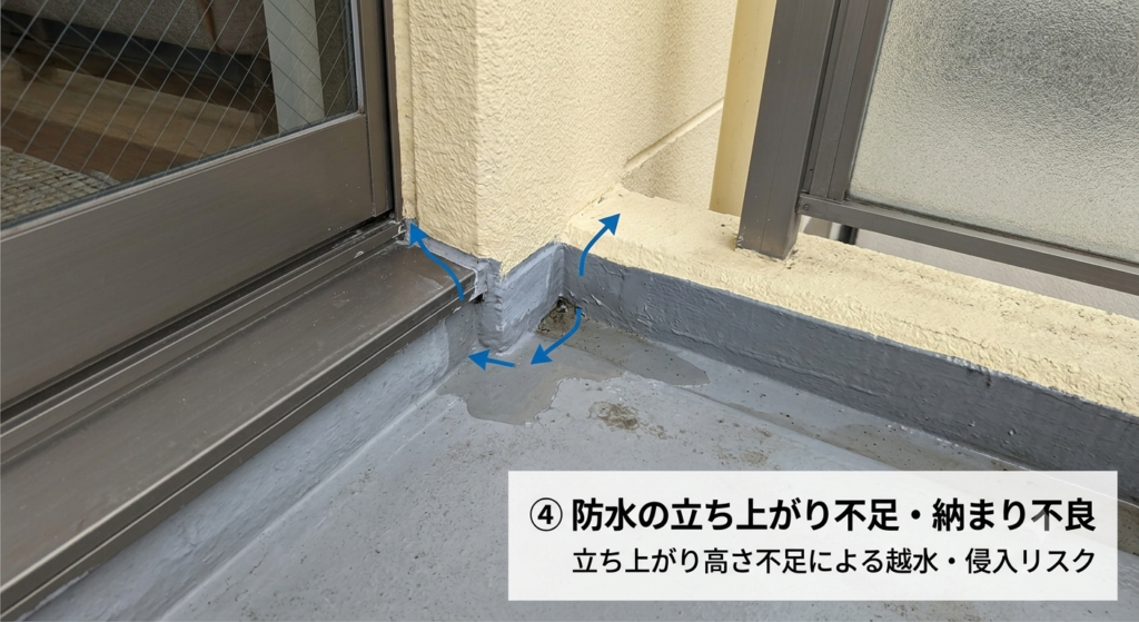 防水の立ち上がり不足・納まり不良により水が浸入している様子