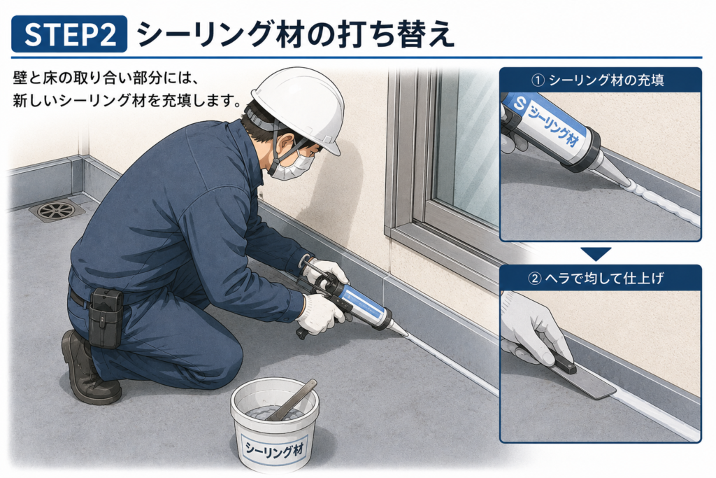 壁と床の取り合い部分に、新しいシーリング材を充填している