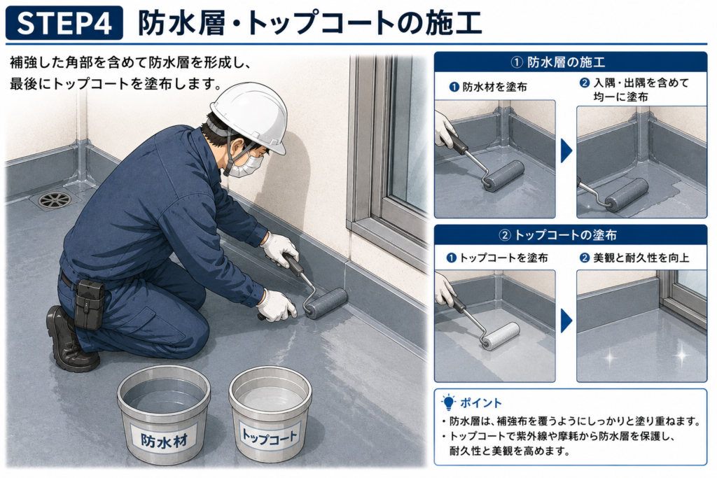 補強した角部を含めて防水層を形成し、最後にトップコートを塗布している